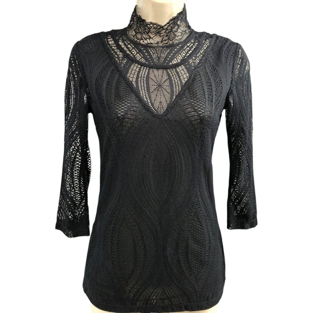 Free People Black Stretch Lace Mock‎ Neck Long Sleeve Sheer Layering Top XS EUC